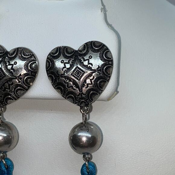 Antiqued Silver-Tone Heart Beaded Blue Tassel Tie Dangle Earrings - Picture 2 of 7